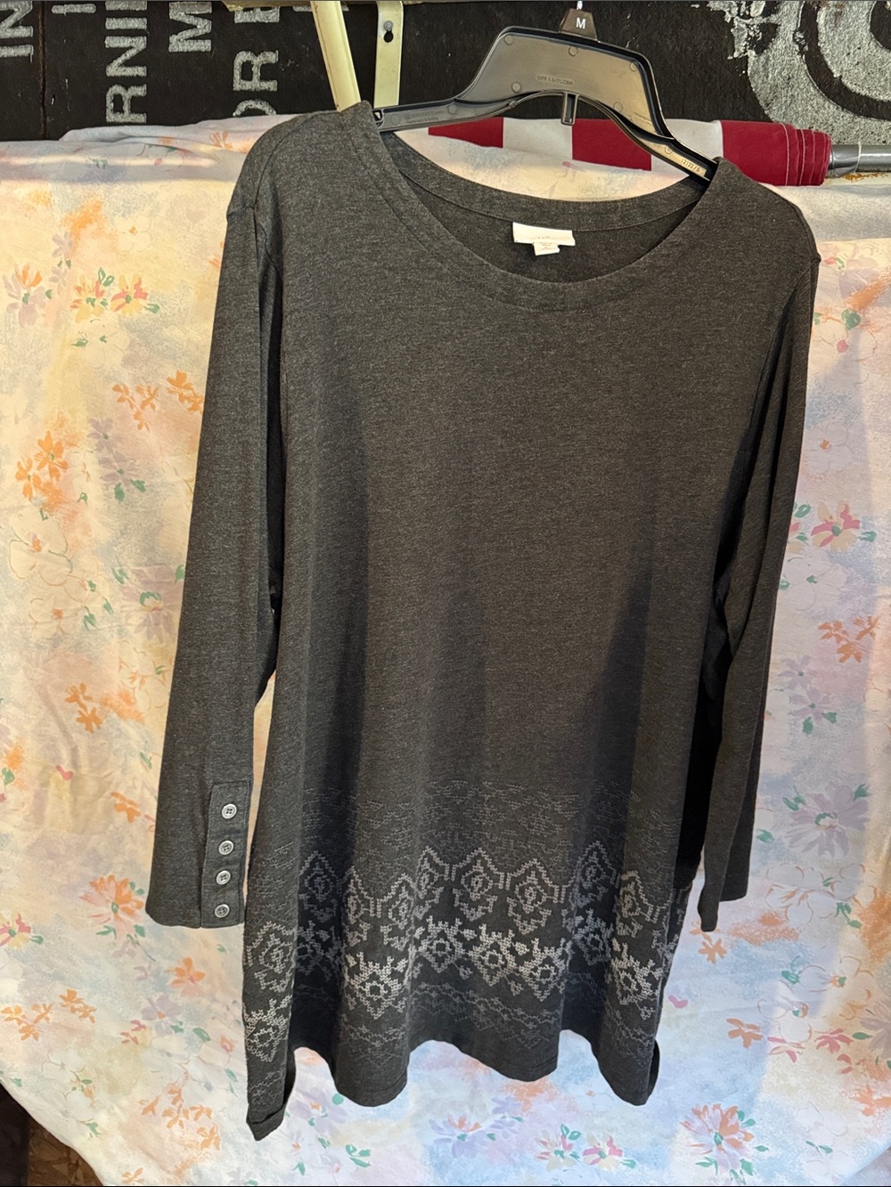 J. Jill Charcoal Gray Long Sleeve Tunic with Patterned Hem